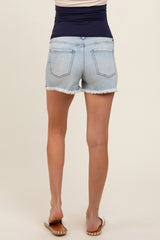 Light Blue Fringe Hem Maternity Denim Shorts