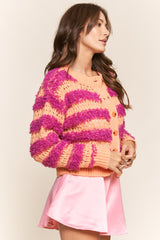 Tangerine Fuchsia Fuzzy Stripe Long Sleeve Cardigan