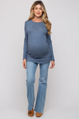 Blue Soft Knit Button Shoulder Ruched Side Maternity Top