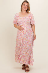 Light Pink Floral Smocked Plus Maternity Maxi Dress