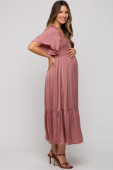 Pink Satin Smocked Maternity Midi Dress