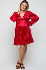 Red Velvet Long Sleeve Maternity Plus Dress