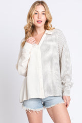 Beige Half Stripe Button Down Maternity Top