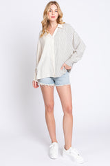 Beige Half Stripe Button Down Top