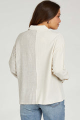 Beige Half Stripe Button Down Maternity Top