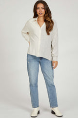 Beige Half Stripe Button Down Maternity Top