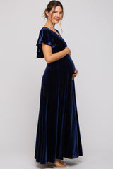 Navy Blue Velvet Maternity Maxi Dress