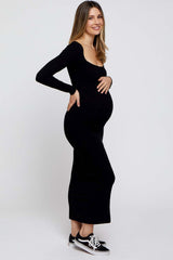 Black Ribbed Scoop Neck Maternity Midi Dress