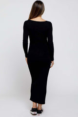 Black Ribbed Scoop Neck Maternity Midi Dress