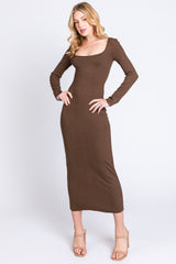 Brown Ribbed Scoop Neck Midi Dress