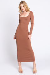 Mocha Ribbed Scoop Neck Midi Dress