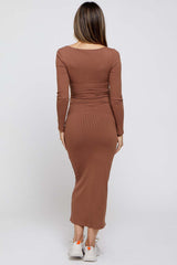 Mocha Ribbed Scoop Neck Maternity Midi Dress