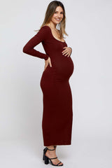 Rust Ribbed Scoop Neck Maternity Midi Dress