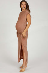 Mocha Glitter Mock Neck Maternity Midi Dress