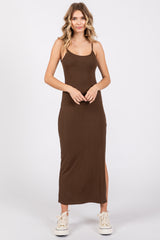 Brown Ribbed Sleeveless Side Slit Maternity Dress