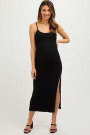 Black Ribbed Sleeveless Side Slit Maternity Dress