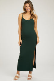 Forest Green Ribbed Sleeveless Side Slit Maternity Dress