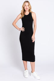 Black Sleeveless Ribbed Fitted Midi Dress