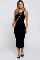 Black Sleeveless Ribbed Fitted Maternity Midi Dress