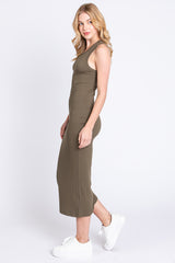 Olive Sleeveless Ribbed Fitted Maternity Midi Dress