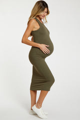 Olive Sleeveless Ribbed Fitted Maternity Midi Dress