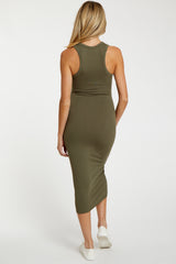 Olive Sleeveless Ribbed Fitted Maternity Midi Dress