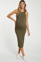 Olive Sleeveless Ribbed Fitted Maternity Midi Dress