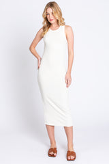 Ivory Sleeveless Ribbed Fitted Midi Dress