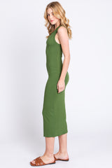 Green Sleeveless Ribbed Fitted Midi Dress