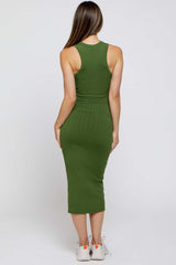 Green Sleeveless Ribbed Fitted Maternity Midi Dress