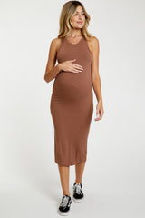 Mocha Sleeveless Ribbed Fitted Maternity Midi Dress