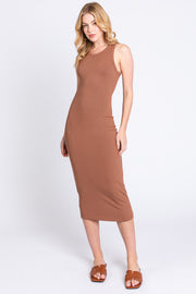 Mocha Sleeveless Ribbed Fitted Midi Dress