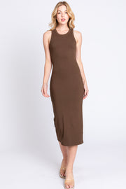 Brown Sleeveless Ribbed Fitted Midi Dress