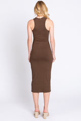 Brown Sleeveless Ribbed Fitted Midi Dress