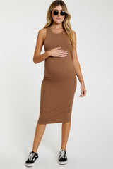 Camel Sleeveless Ribbed Fitted Maternity Midi Dress