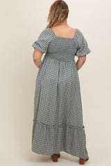 Blue Plaid Puff Sleeve Maternity Plus Maxi Dress