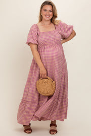 Pink Plaid Puff Sleeve Maternity Plus Maxi Dress