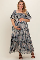 Black Floral Puff Sleeve Maternity Plus Maxi Dress