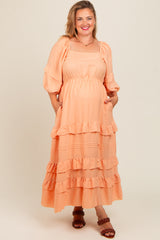 Peach Square Neck Ruffle Tiered Maternity Plus Maxi Dress