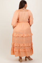 Peach Square Neck Ruffle Tiered Plus Maxi Dress