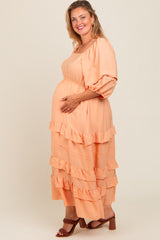 Peach Square Neck Ruffle Tiered Maternity Plus Maxi Dress