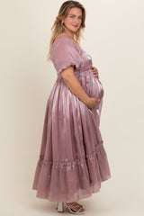 Mauve Puff Sleeve Ruffle Hem Plus Maternity Maxi Dress