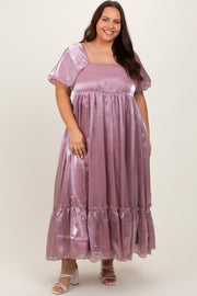 Mauve Puff Sleeve Ruffle Hem Plus Maxi Dress