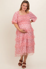 Pink Floral Tulle Smocked Ruffle Tiered Maternity Plus Midi Dress