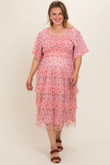 Pink Floral Tulle Smocked Ruffle Tiered Maternity Plus Midi Dress