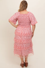 Pink Floral Tulle Smocked Ruffle Tiered Maternity Plus Midi Dress