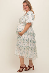 Cream Floral Mesh Smocked Ruffle Tiered Maternity Plus Midi Dress