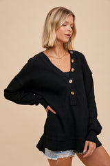 Black Waffle Knit Deep V-Neck Top