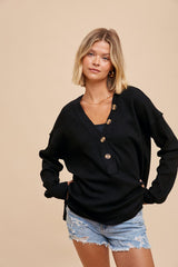 Black Waffle Knit Deep V-Neck Top