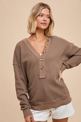 Mocha Waffle Knit Deep V-Neck Top